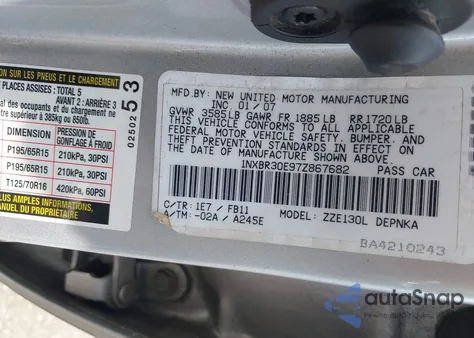 2007 Toyota Corolla Le z USA, uszkodzony, nr VIN 1NXBR30E97Z867682